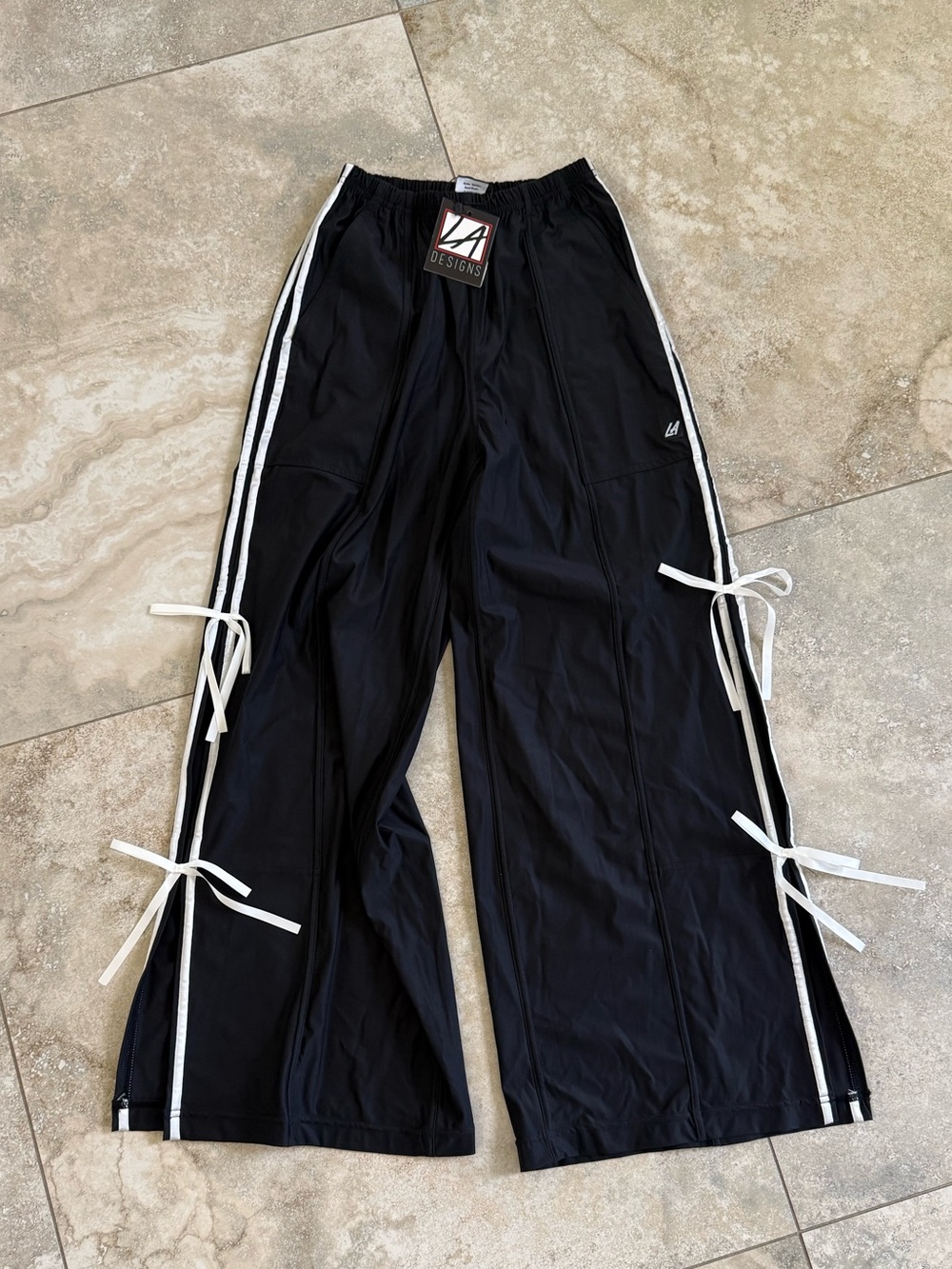 LA Dance Design Black Wide-Leg Track Pants with White Stripes